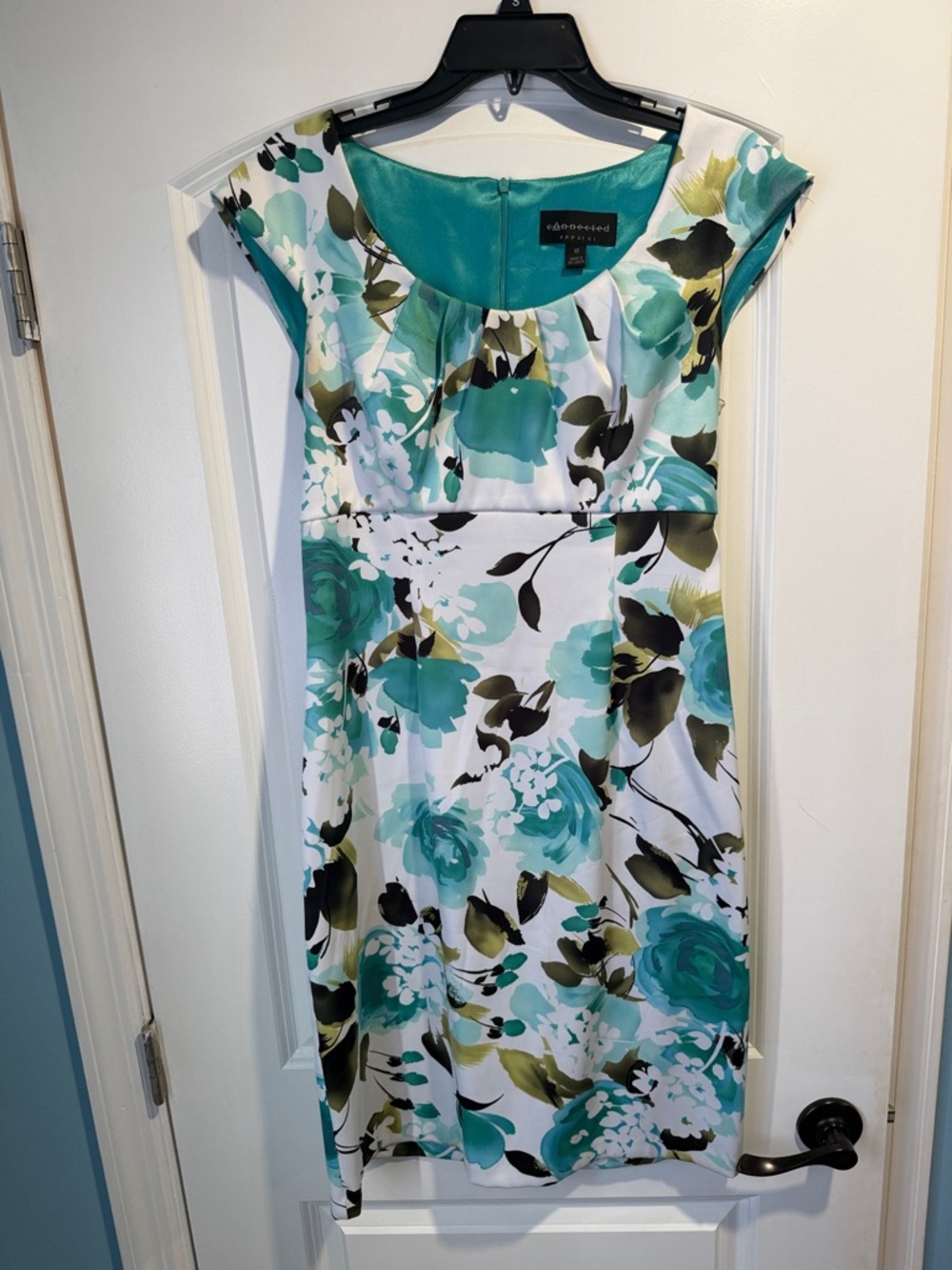 connected apparel Teal, White and Olive Floral Cap-Sleeve Midi Dress